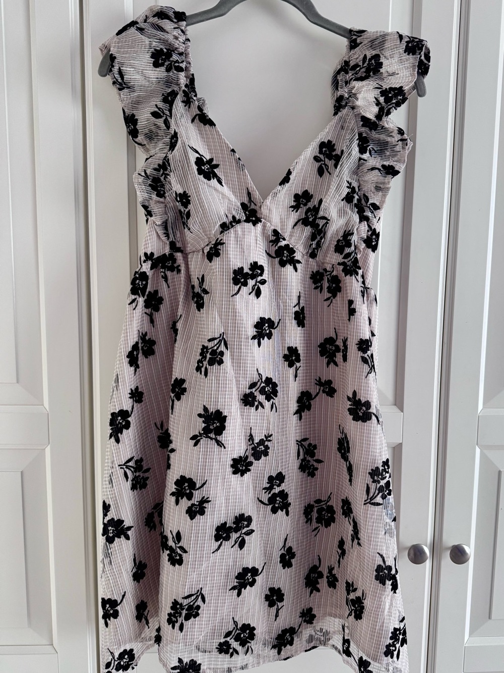 Ruffle-Shoulder V-Neck Mini Dress in Light Pink with Black Floral